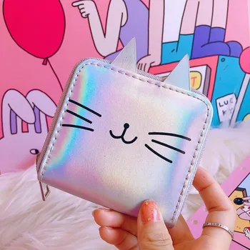 

Cartoon Cat Women Leather Wallets Kawaii Short Purse PU Coin Purse Small Zipper Clutch Bag Female Bank Card Holder Wallet