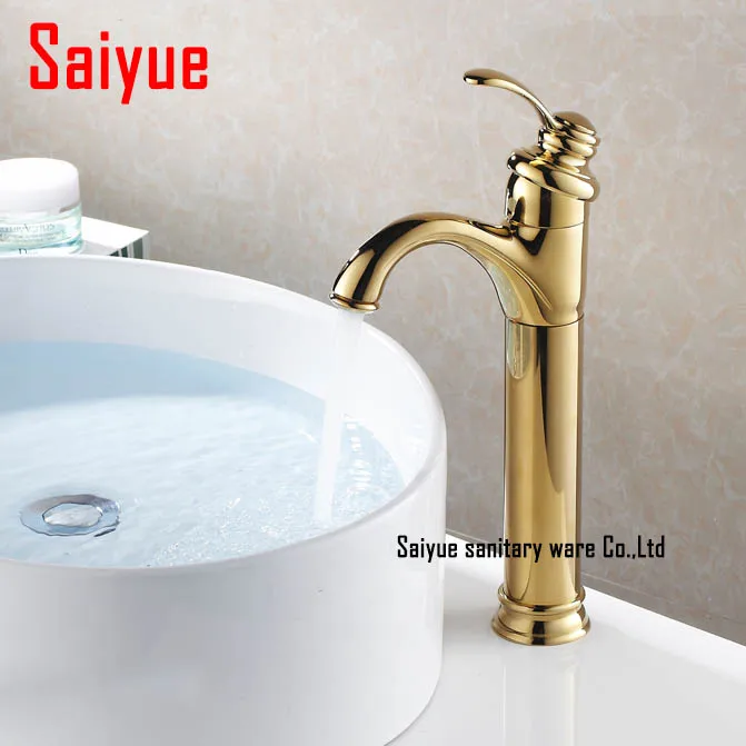 

High Bathroom Sink Vessel Faucet Single Handle Basin Mixer Tap Gold Golden Finished deck mounted