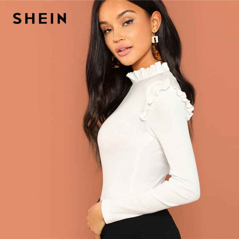 Beste SHEIN Moderne Dame Wit Slim Fit Franje Trim Solid Stand Kraag Lange Mouwen Truien Tee 2018 Herfst Campus Vrouwen Tshirt top