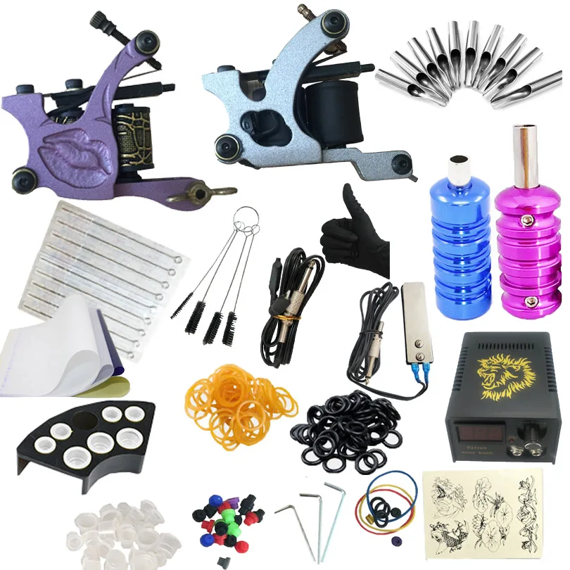 

Complete Beginner Tattoo Kit Liner Shader Machine Guns Needles Tattoo Power Supply Pedal Tips Clip Cord Cheap Tattoo Kits