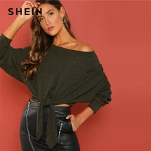 SHEIN Трикотажный Топ С Открытыми Плечами, Топ С Узлом На Талии и Длинным Рукавом