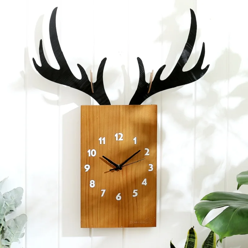 

Meijswxj Large Wall Clock Saat Reloj Relogio de parede Duvar saati Solid wood deer mute creative clock Living room wall clocks