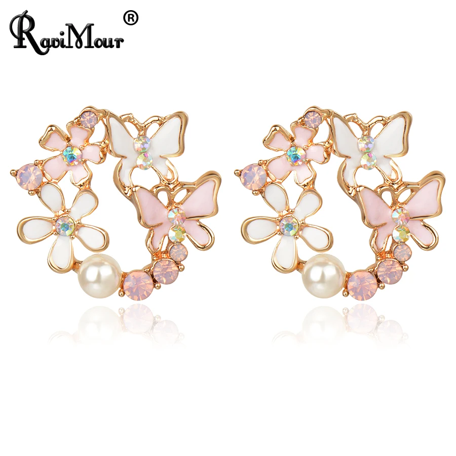 

RAVIMOUR Fashion Pendientes Butterfly Flower Brincos Stud Earrings for Women Imitation Pearl Boucle d'oreille Femme Bijoux