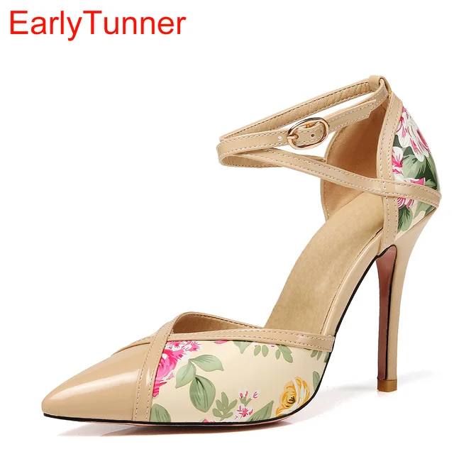 2018 Brand New Sweet Apricot Black Women Floral Sandals High Heels Lady Stiletto Party Shoes EMS7 Plus Big Size 10 12 31 43 47
