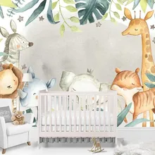 Пользовательские обои современный мультфильм животных тропический Жираф акварельные растения Детская комната фон стены 3d обои