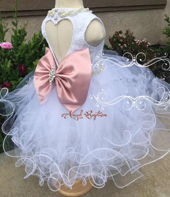 

Beaded crystal rhinestone white/ivory lace flower girl dresses with Bow tiered ball gown birthday baby christening baptism dress