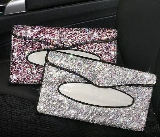 

Full Diamond Crystal Leather Glitter Rhinestones Car Sun Visor PU Leather Tissue Box Auto Clip Holder Paper Napkin Accessories