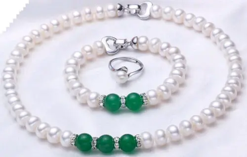 

shippingCHARMING 9-10MM AAA NATURAL WHTIE PEARL&GREEN JADE NECKLACE&BRACELET&RING SETS