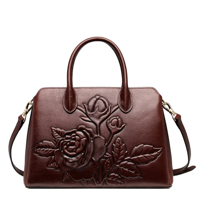 Maihui элегантный Для женщин кожаные сумки высокого качества реальные натуральная кожа сумки китайский стиль Цветочные плеча saffiano сумка - Цвет: Brown