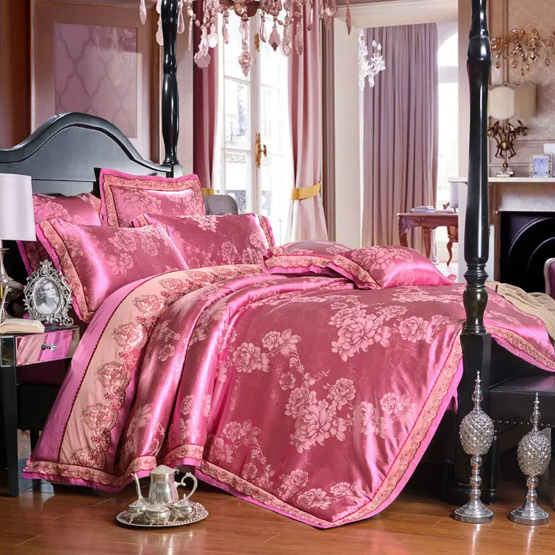 White Silver Color Jacquard Luxury Bedding sets 4/6 Pcs Queen/King size lace cotton Stain Bed set Bed linen Duvet cover pillow 99