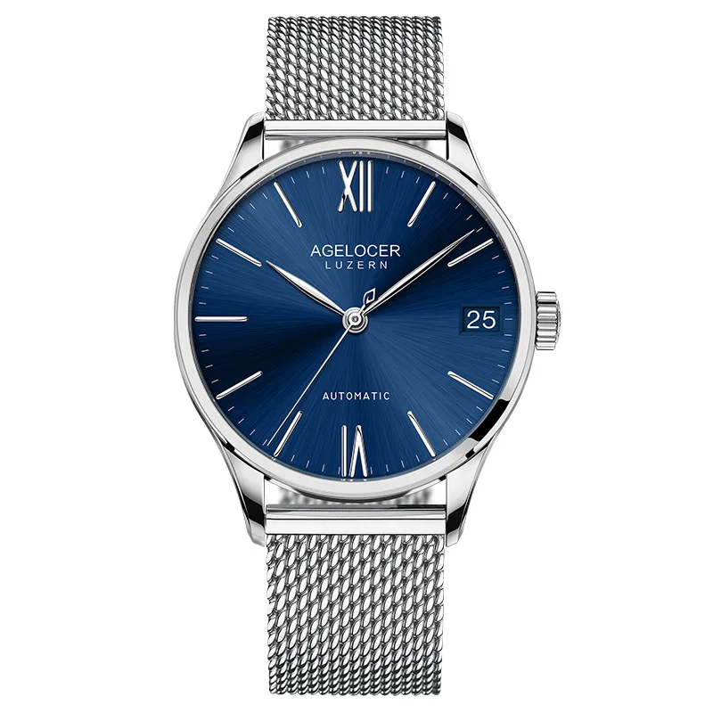 Топ бренд швейцарские роскошные модные кожаные часы мужские синие AGELOCER сапфировые автоматические Аналоговые часы наручные часы Прямая поставка - Цвет: 7074A9