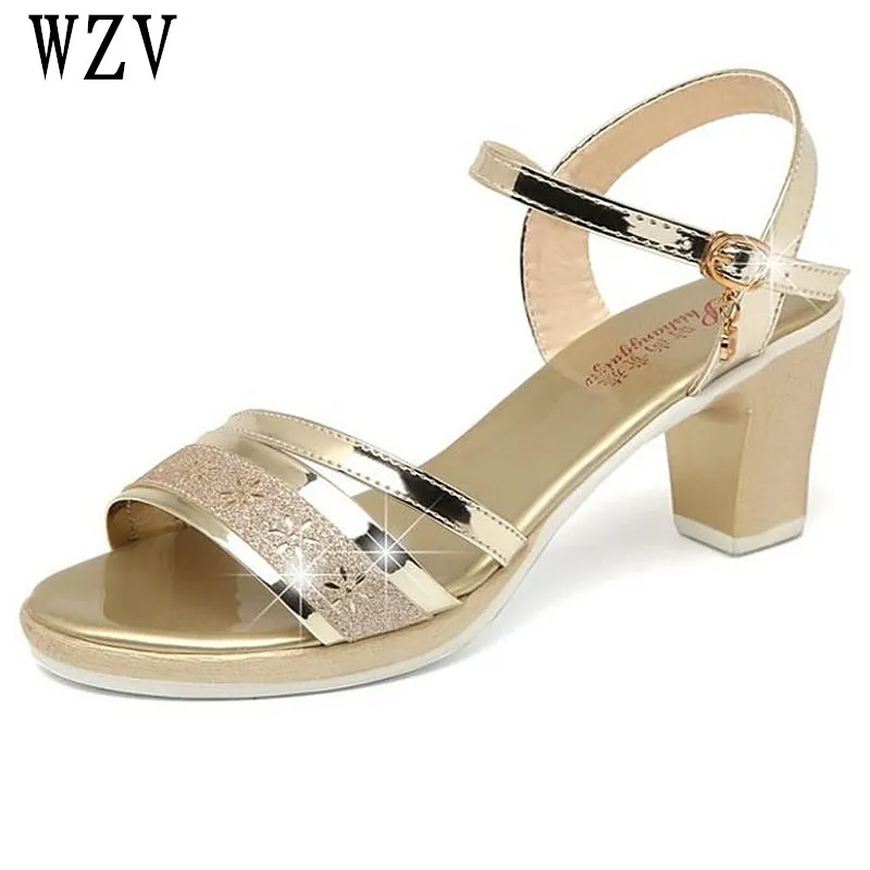 

Woman Sandals 2018 Summer Elegant Women Concise Open Toe High heels Woman Fashion Thick Bottom Sandals Gold silver E598