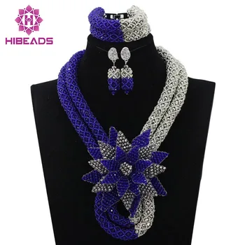 

Latest Royal Blue/Silver Beauty Jewelry Set African Bride Crystal Floral Costume Necklace Set Flower Brooch Free Shipping WD351