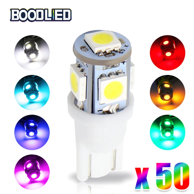 

So.k 50Pcs T10 W5W LED Bulb 5 SMD LED White Blue Red Yellow Green 5050 194 168 Super Bright Wedge Lights bulbs Lamps DC 12V