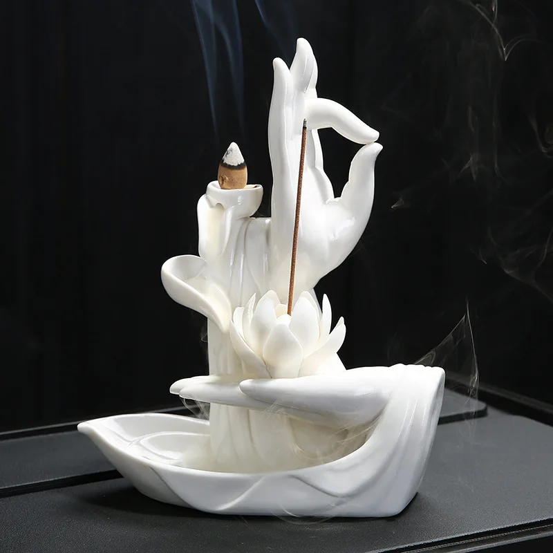 Ceramic Backflow Incense Burner Tathagata Buddha Lotus Incense Cones Stick Holder Smoke Waterfall Creative Home Bouddha Decor