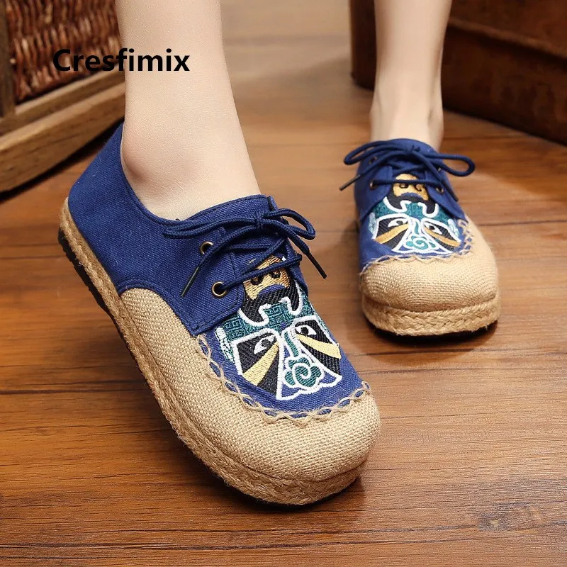 Women Fashion Comfortable Lace Up Blue Flat Platform Shoes Lady Cute Street Shoes Embroidery Shoes Chaussures Pour Femmes E2171