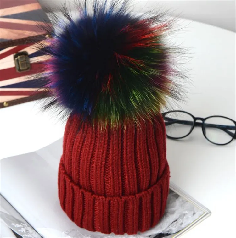 Зимние Разноцветные Вязаные шапки с помпоном из натурального меха, Детские повседневные плотные Акриловые Полосатые зимние шапки для девочек