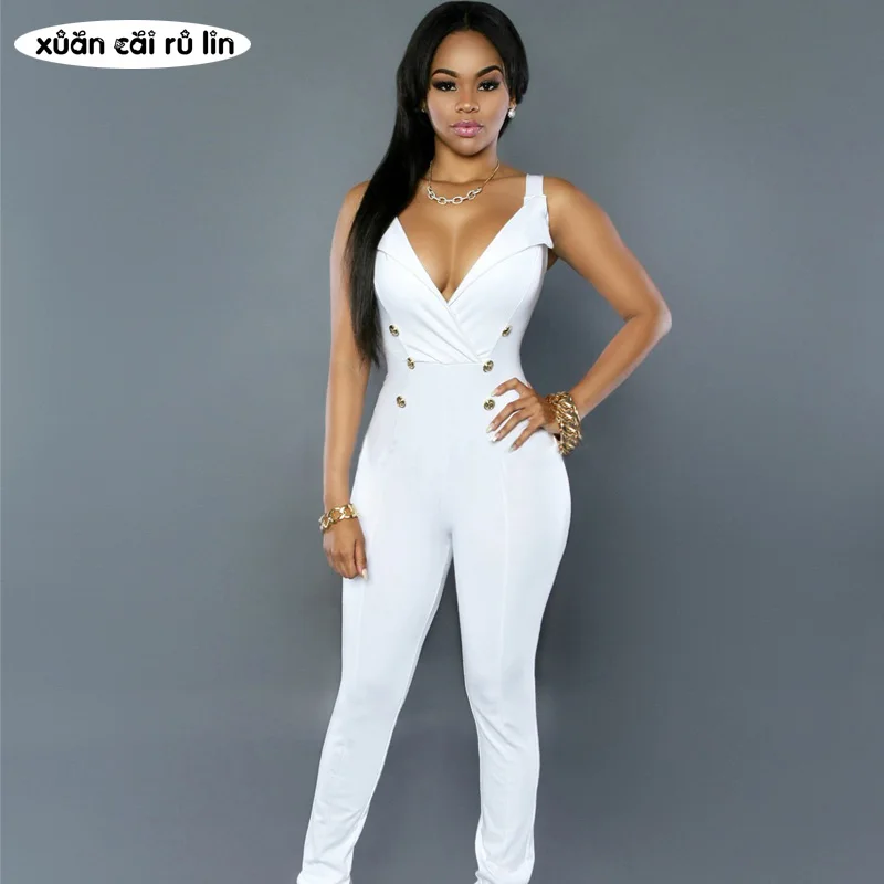 

2018 BLACK white Autumn summer Button Jumpsuit Sexy Bodycon Sleeveless Body Deep V-neck Elegant Bandage Rompers Womens Jumpsuits