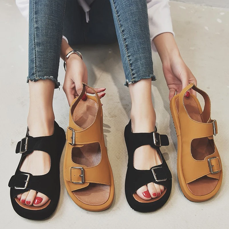 

HEE GRAND Sandals Ladies Shoes Woman Slingback Shoes Black Orange Summer Rome Slides New Fashion Open toe Buckle Flats XWZ5857