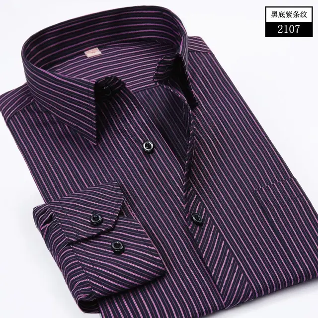 Classic Purple Striped Shirt Men High Quality Long Sleeve Male Button