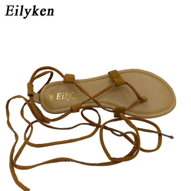 Eilyken الصيف صندل بتصميم روماني متعددة عبر حزام طويل القامة الركبة عالية عبودية ثونغ Nubuck النساء الصنادل زحافات أسود المشمش