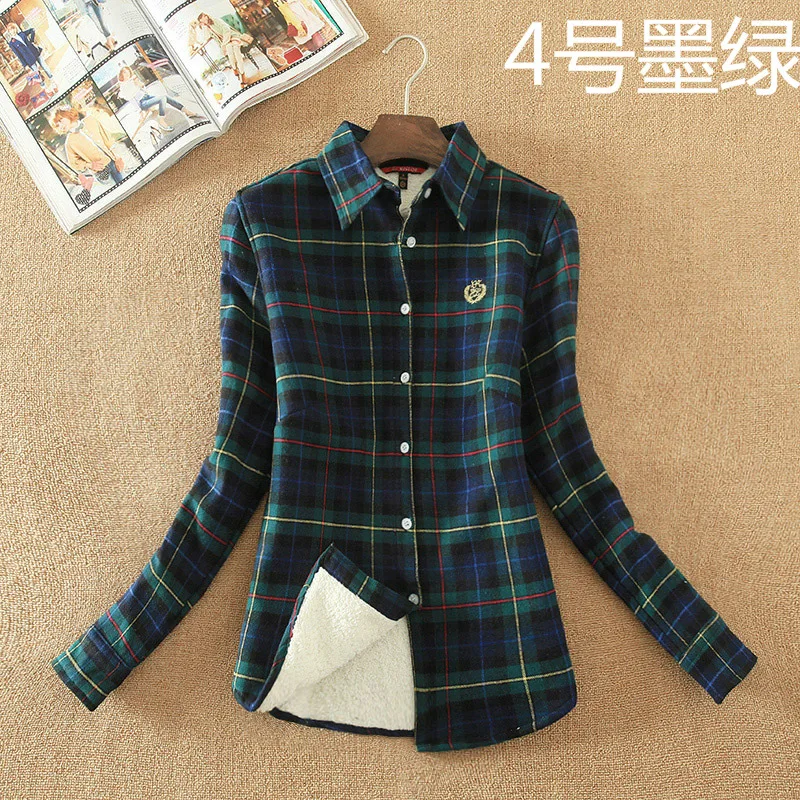 Women's Shirt Autumn Winter Top Ladies Female Casual Cotton Lapel Long-Sleeve Thick Plaid Shirt Women Slim Outerwear Blouse Tops
