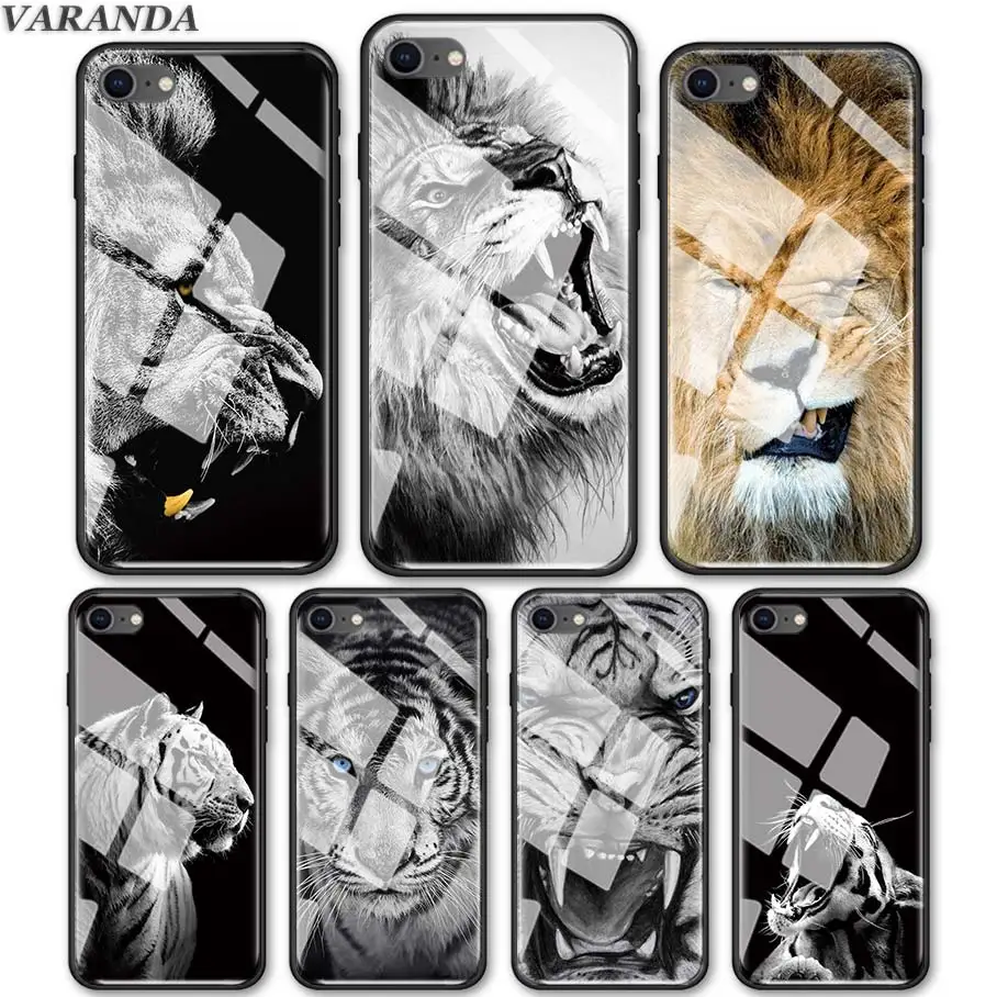 

Tempered Glass Case for iPhone 7 8 Plus 6 6s Plus XS MAX X XR Lion & tiger Glass Phone Cover Coque
