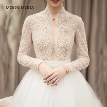 long half sleeve muslim lace wedding dress high quality 2017bride simple bridal gown real photo wedding-dress vestido de noiva
