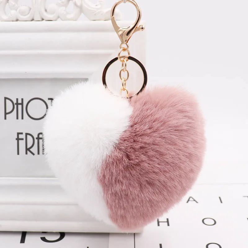 

Color Matching Love Women Bag Keychain Pompom Heart Key Chain Imitation Rabbit Hair Ball Accessories Pendant Car Keyring N15