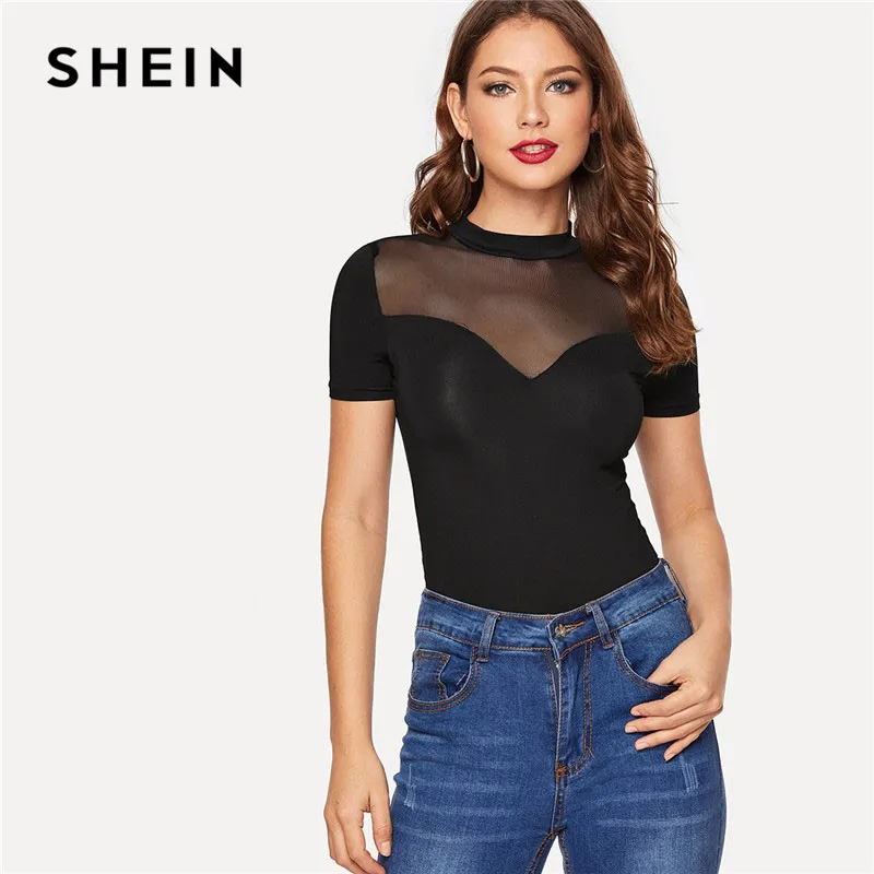 Download Aliexpress.com : Buy SHEIN Black Mock Neck Sweetheart Mesh Insert Slim Fitted Sexy Top Women ...