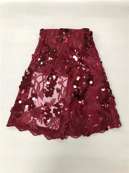 

African high quality velvet sequence French Nigerian sequins net tulle mesh Swiss lace fabric for dress 5yards/lot Red wine(1L4