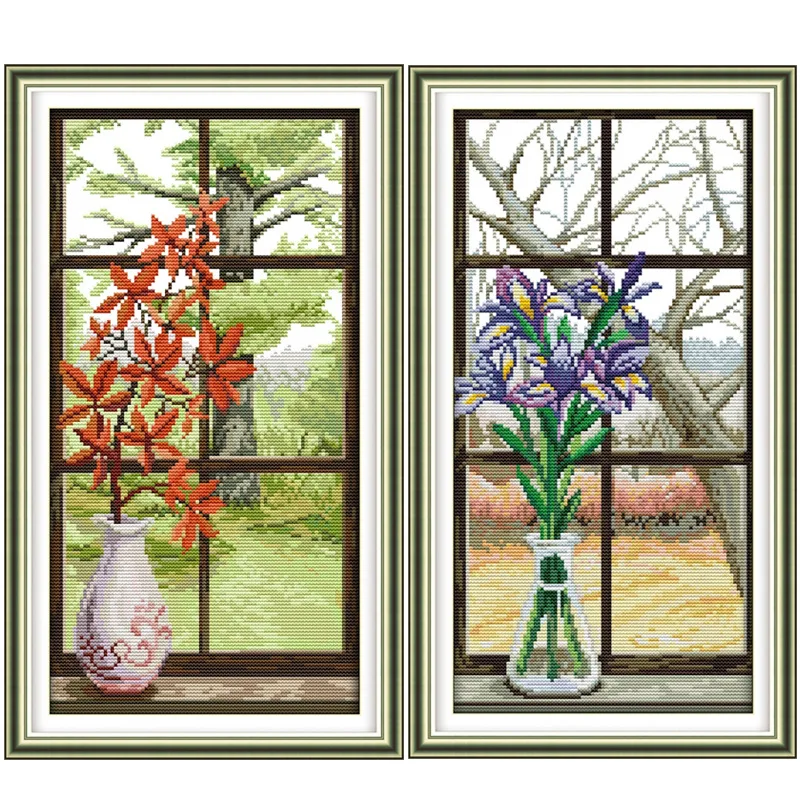 

Lily and Red leaves Printed Canvas DMC Counted Cross Stitch Kits printed Cross-stitch set Embroidery Needlework