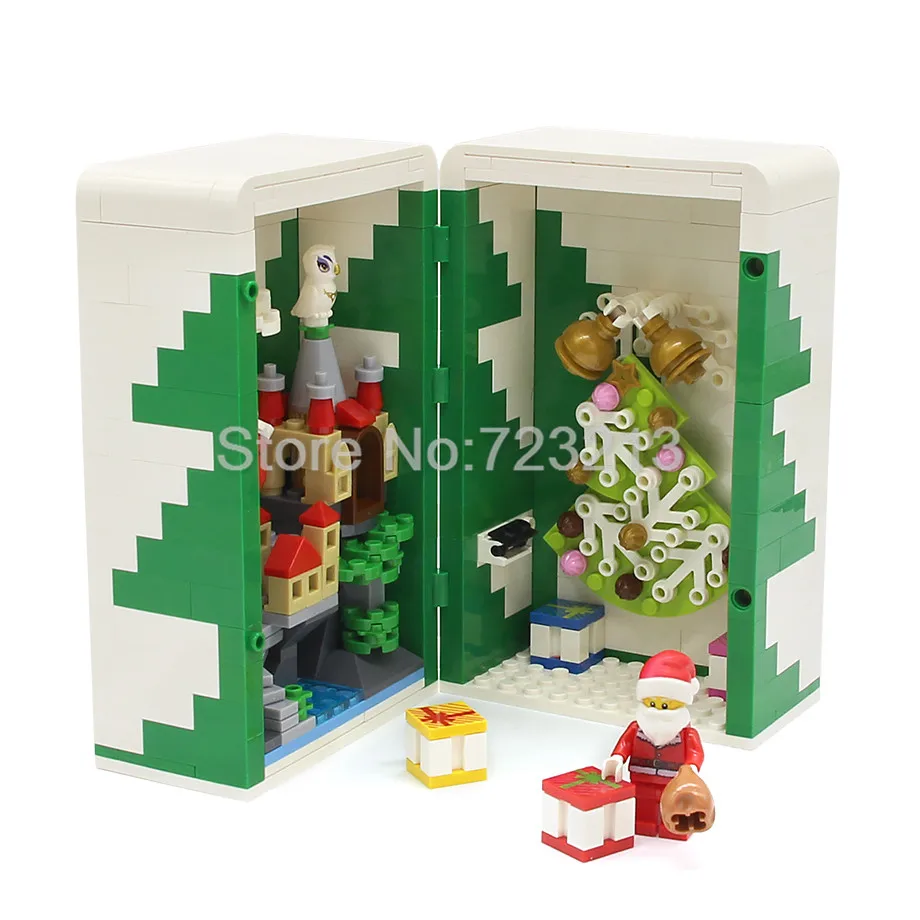 

White Christmas Xmas Scene Gift Santa Claus Tree Bell House Display Box MOC Building Bricks Block Model Set Toys for Children