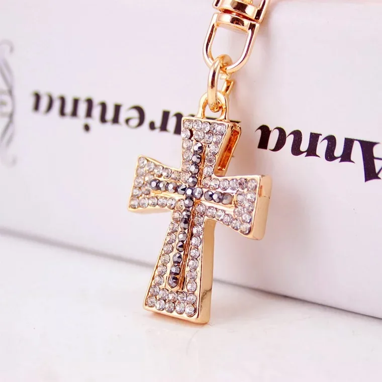 

free shipping 12pcs/lot rhinestone christening cross keychain handbag purse hanger baby showers baptism party gift souvenirs