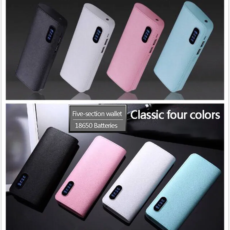 

Colorful Power Bank 18650*5 Leather Double USB 15000mAh LED Flashlight Wallet PowerBank Charging Treasure For Xiaomi iPhone X