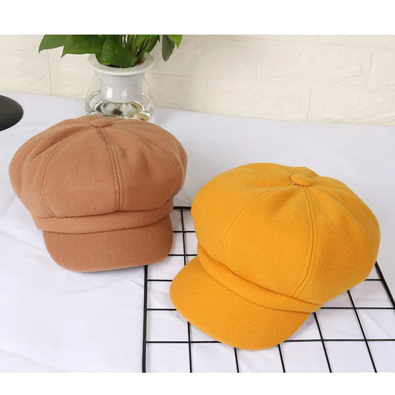 MAXSITI U осень-зима ретро сплошной цвет шерсть восьмиугольная шляпа модная кепка газетчика для девочек