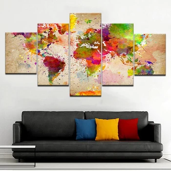 

Home Decor Frame HD Printed Living Room Abstract Picture 5 Piece Created Color World Map Painting Wall Art Canvas Modular Poster