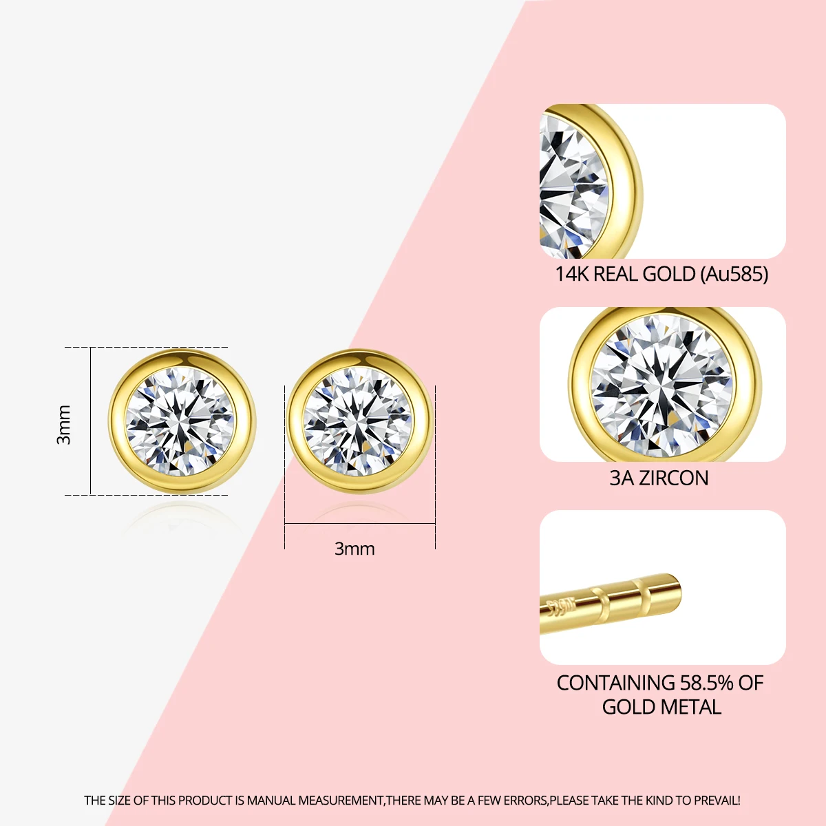 Gem&Time Solid 14k Gold Round Stud Earrings for Women Sunlight Birthstone Wedding Yellow Gold Au585 Fine Jewelry Brincos E14115