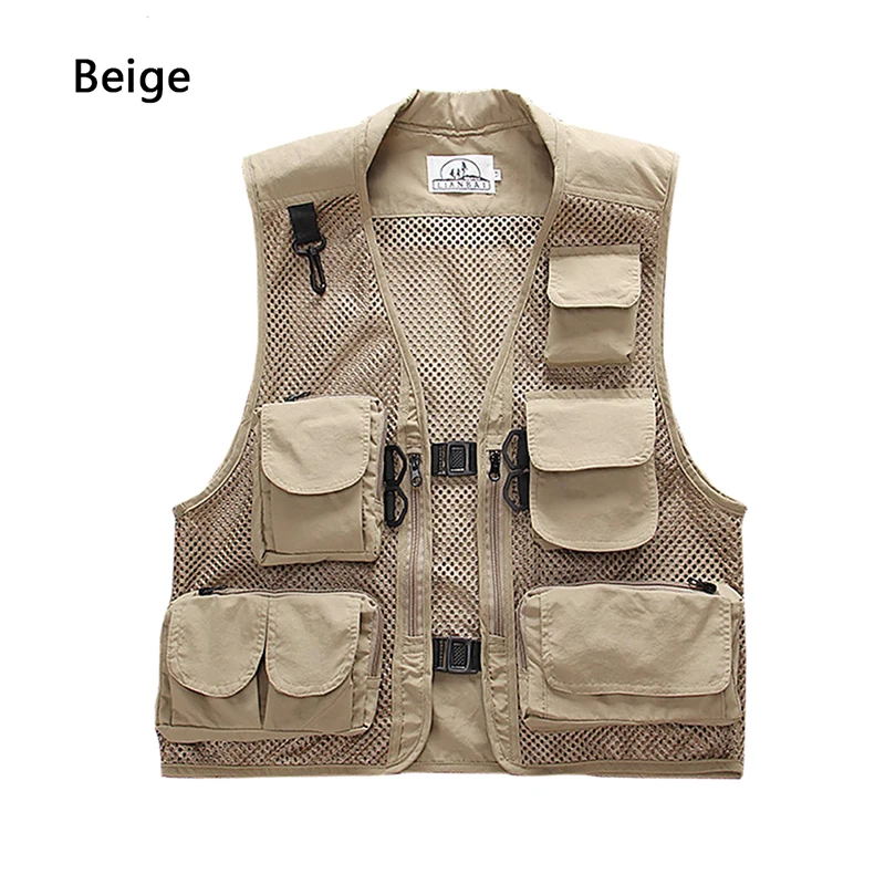Beige Летний уличный мужской жилет для рыбалки, куртка для путешествий, камуфляжный сетчатый жилет для фотосъемки с несколькими карманами, портативный дышащий Быстросохнущий светильник - Цвет: Beige