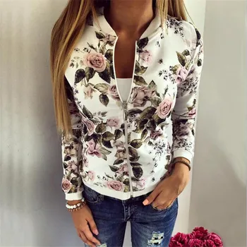 

Fashion Women Short Bomber Jacket Classic Style Zip Up Biker Vintage Stylish Long Sleeve Floral Print Jacket Coat Autumn Winter