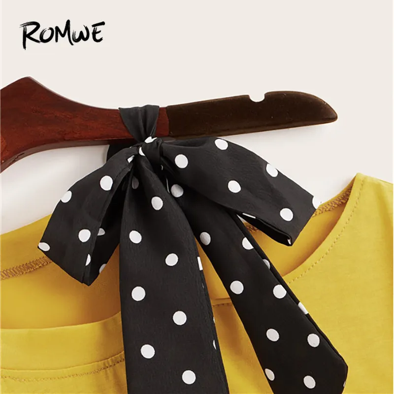 ROMWE контрастный горошек лента завязанный узел вырезанные плечи желтые женские футболки шикарные высокие уличные Асимметричные шеи летние футболки