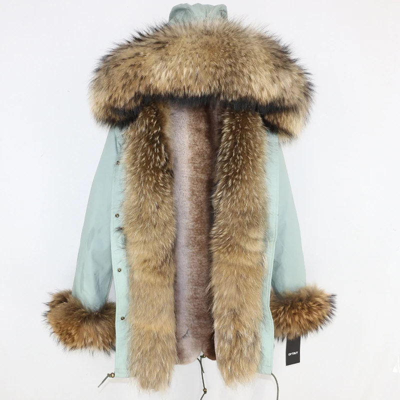 Зимняя женская куртка, бренд, длинная парка, пальто с натуральным мехом енота, воротник из натурального меха, теплая Толстая Уличная одежда, повседневная верхняя одежда - Цвет: cyan-blue natural F