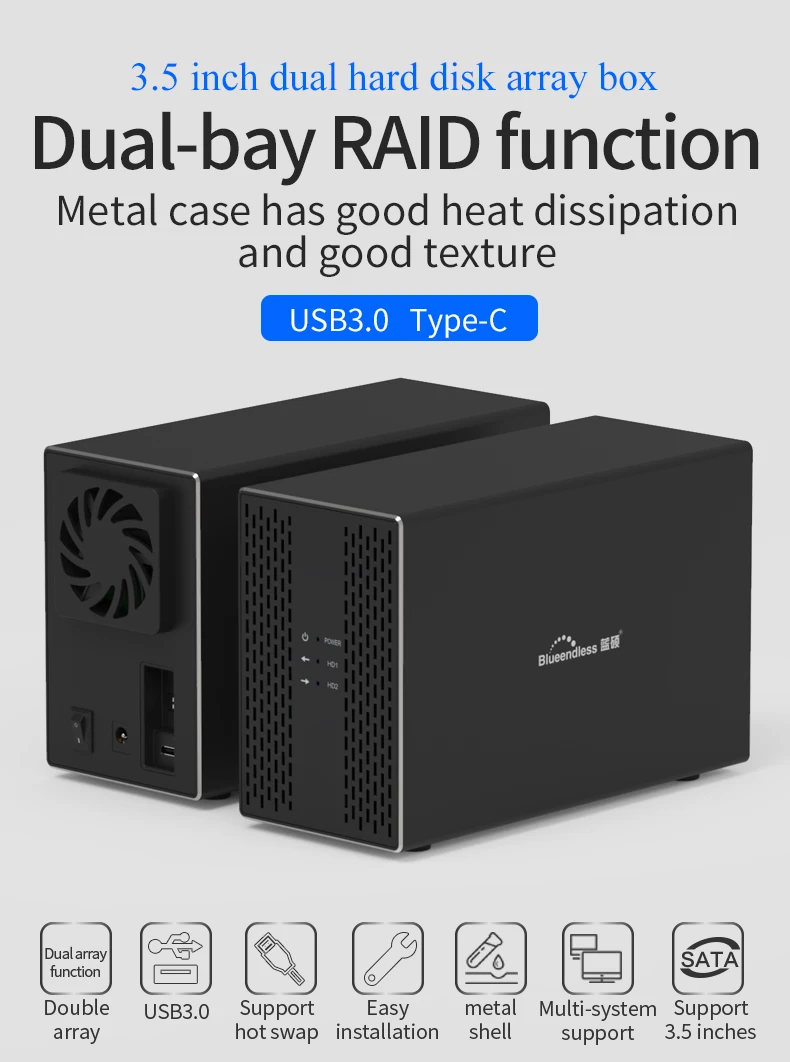 Тип C жесткий диск массив RAID USB3.0/USB3.1 4 режима двойной отсек HDD корпус RAID автоматическое резервное копирование данных 3,5 ''HDD массив USB3.1