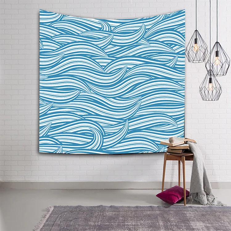 Гобелен в полоску с принтом морской волны, настенный большой синий гобелен, тканевый Декор, одеяло, коврик для йоги, пляжное одеяло, 150x130 см