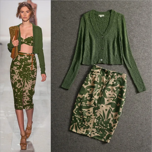 

New Arrival Autumn Runway Style Women Casual Suits Long Sleeve Coat With Print Skirt Suits Women Set Plus Size XL