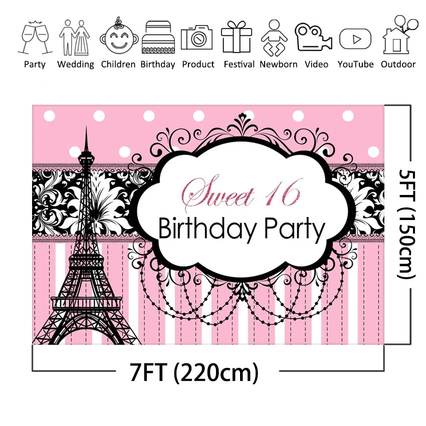 Festa de Fundo Doce Aniversário Rosa Decoração Dezesseis Menina Paris Torre Eiffel Foto Fundo Photocall 16th - Image 2