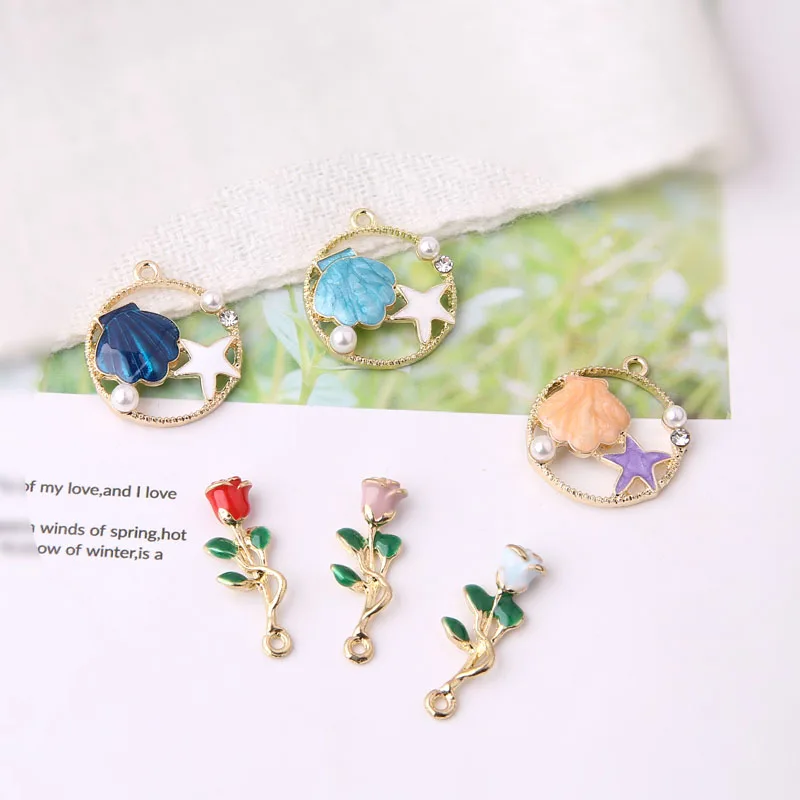 

10pcs Round Shape Seashell Pearl Rose Enamel Charms Pendants Flower Alloy Charm DIY Decoration Earring Jewelry Accessory FX022