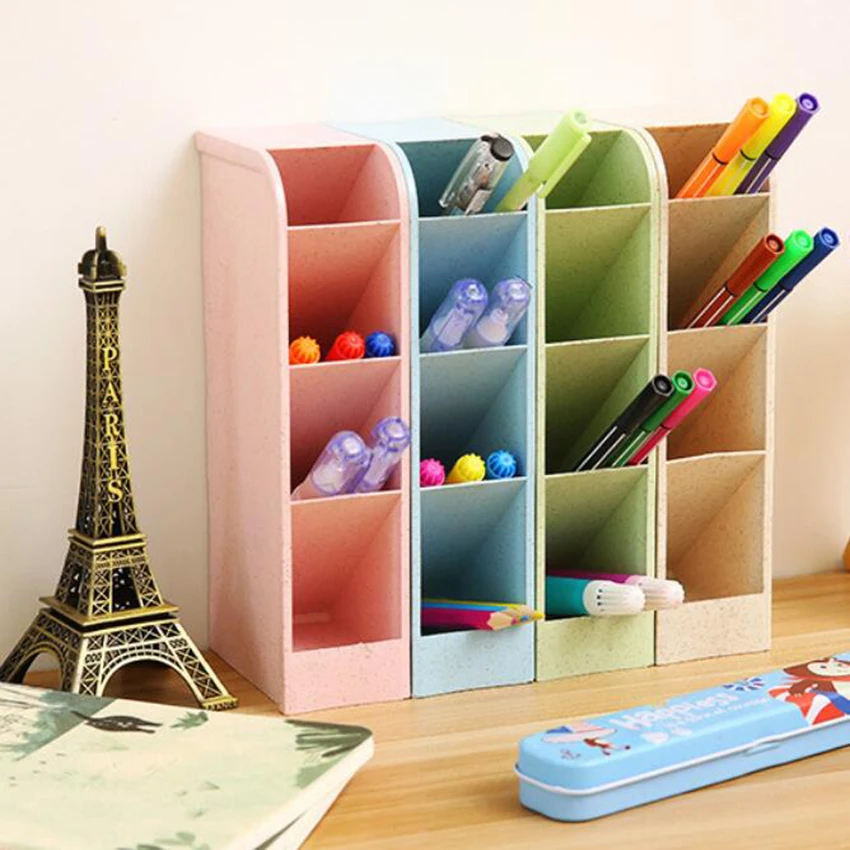 1pc 4 Grid Desktop Pen Holder Storage Case Box Wheat Straw Desk Pencil Organizer 1pc 4 Grid Desktop Pen Holder Storage Case Box Wheat Straw Desk Pencil Organizer