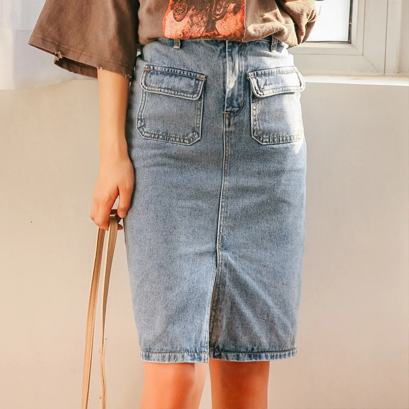 Casual Front Slit Pockets Knee Length Denim Skirts Women Zipper Jean