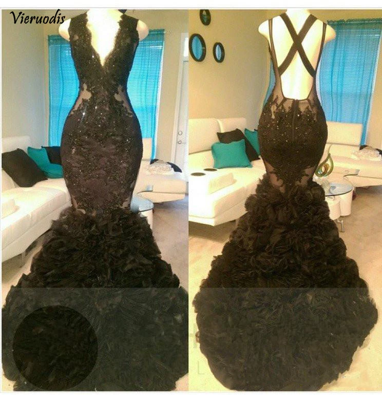 

Black V Neck Lace Mermaid Prom Dresses Long Applique Beaded Tiered Layers Backless Formal Party Prom Evening Gowns